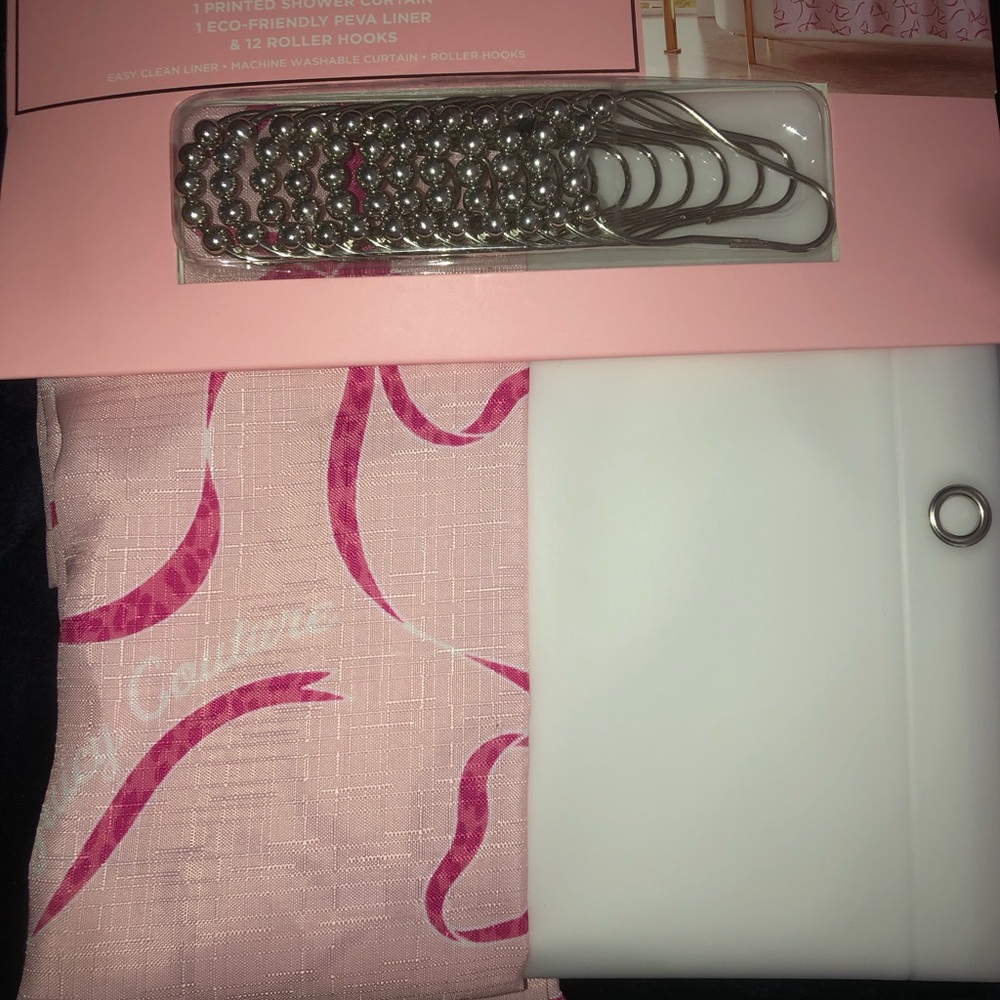 🎀 Juicy Couture Pink Bow Shower Curtain Set with Silver Hooks